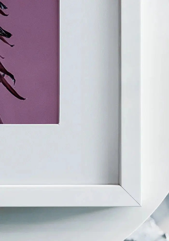 Framed artwork with a purple background and white frame on a light surface.