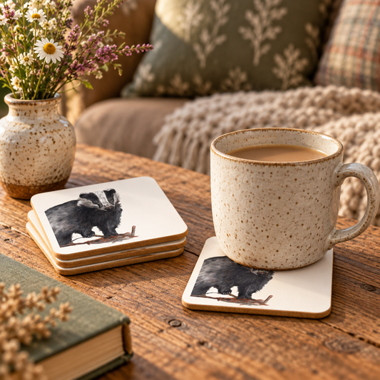 Badger coaster set styled with a ceramic mug on a rustic wooden table