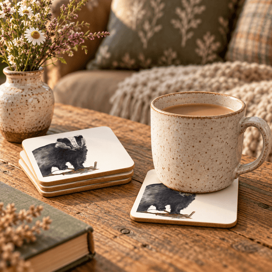 Badger coaster set styled with a ceramic mug on a rustic wooden table