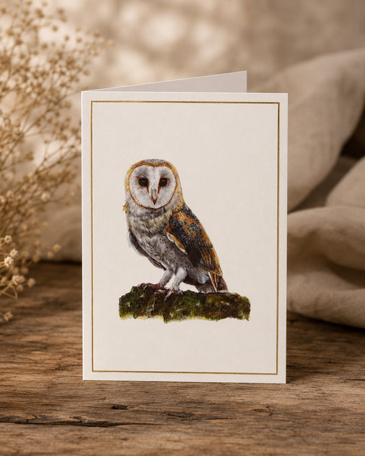 Barn owl greeting card by Art by Jay displayed on rustic wooden table with natural linen