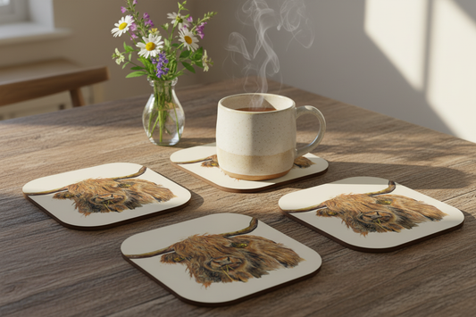 Fanned coasters with tea on rustic table