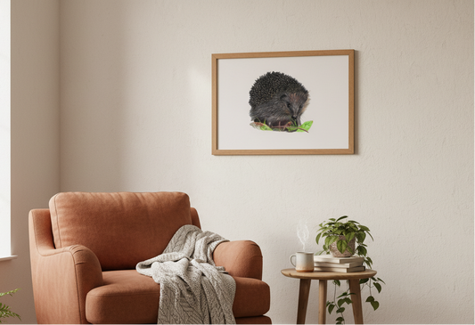 Hedgehog art in cosy living room