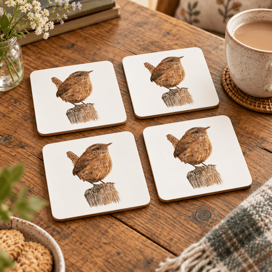 Wren coaster set of four styled on a rustic wooden table in a country home