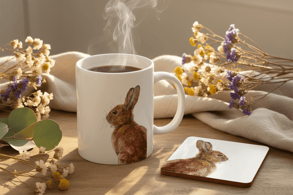 Hare wildlife mug and coaster gift set by Art by Jay