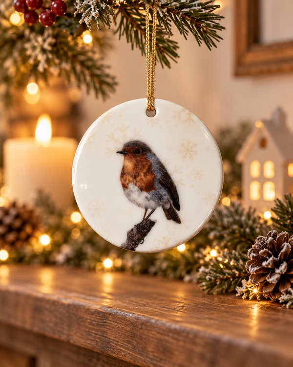 Snowflake Robin ceramic Christmas decoration hanging in a cosy festive home