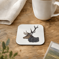 Stag coaster set featuring coloured-pencil British wildlife artwork
