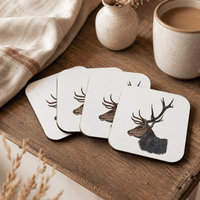 Stag coaster set featuring coloured-pencil British wildlife artwork