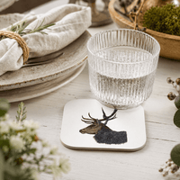 Stag coaster set featuring coloured-pencil British wildlife artwork