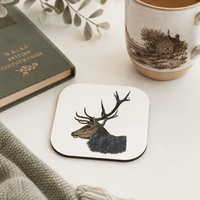 Stag coaster set featuring coloured-pencil British wildlife artwork