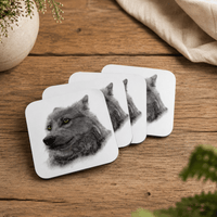 Wolf coaster set featuring coloured-pencil wildlife artwork