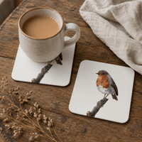 First Light robin coaster set featuring coloured-pencil wildlife artwork
