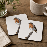 First Light robin coaster set featuring coloured-pencil wildlife artwork