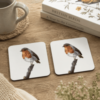 First Light robin coaster set featuring coloured-pencil wildlife artwork