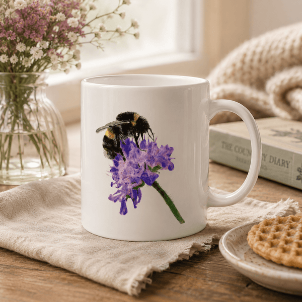 Bumblebee mug featuring coloured-pencil wildlife artwork