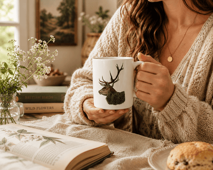 Person holding a mug with a deer design, surrounded by books and a plate of food in a cozy setting.