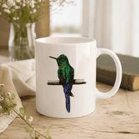 Hummingbird mug featuring coloured-pencil wildlife artwork