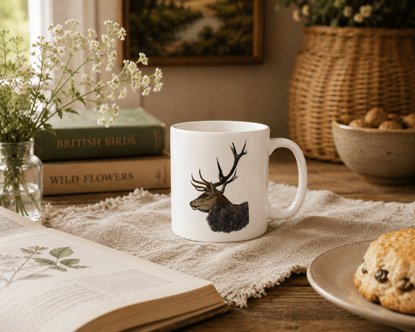 Mug with deer design on a table with books, flowers, and cookies.