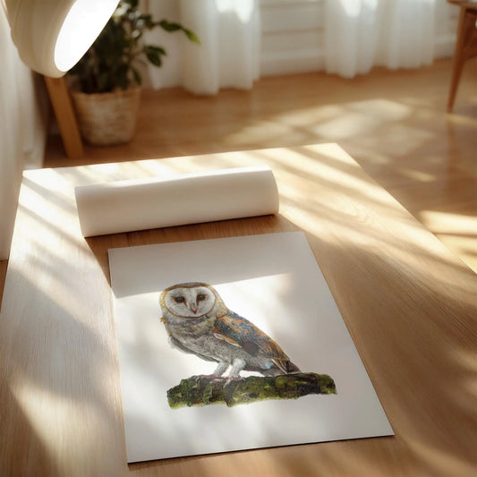 Artwork print with an owl illustration on a wooden table