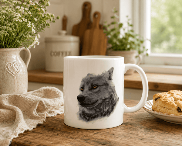 White mug with a wolf design on a wooden table with a plate of scones and a window in the background.