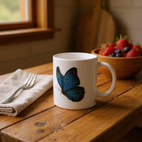 Blue Butterfly wildlife mug featuring Jay Foster's hand-drawn artwork