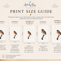 Art by Jay print size guide comparing A4 and A3 prints with mounted options