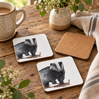 Badger coasters showing the artwork and cork backing detail