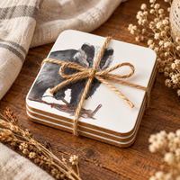 Badger coaster set of four tied with rustic hessian string