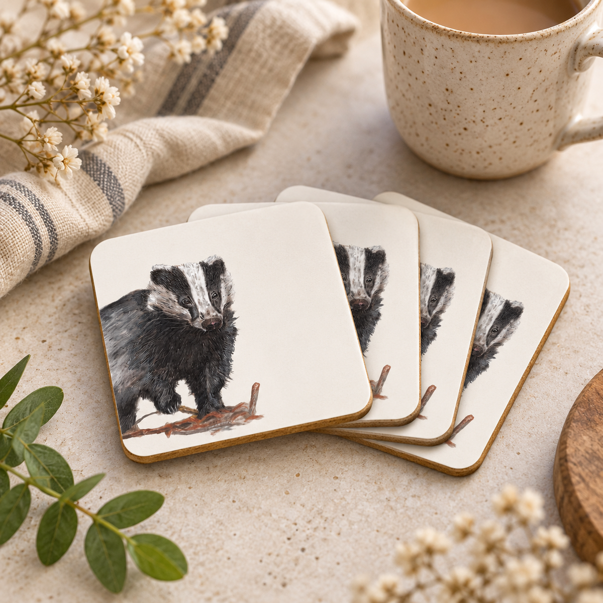 Badger coaster set of four styled in a warm countryside home setting