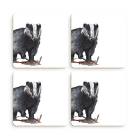 Set of four badger coasters featuring original British wildlife coloured pencil artwork
