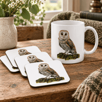 Barn Owl mug and four matching coasters styled in a cosy countryside home