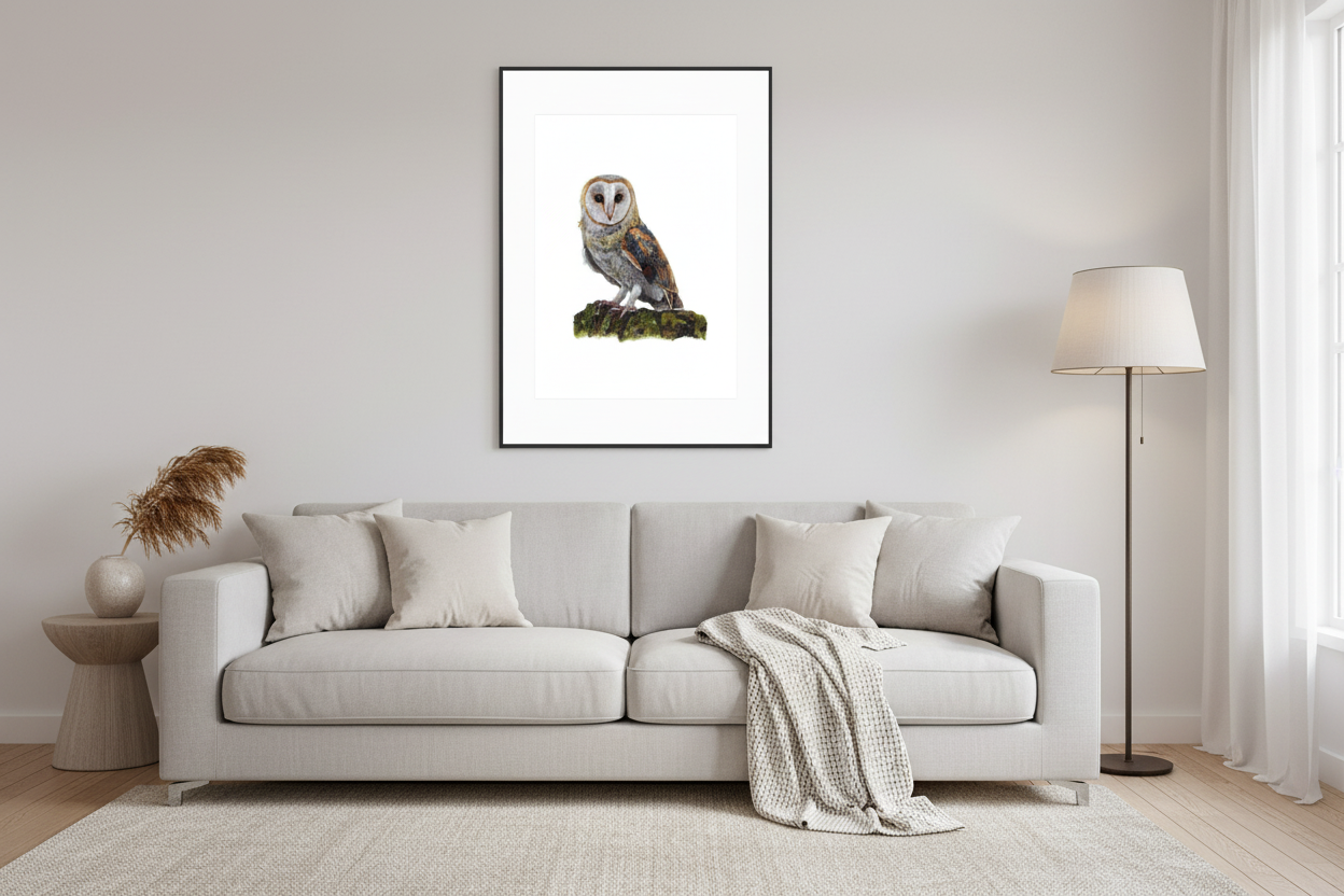 Barn owl print on living room wall