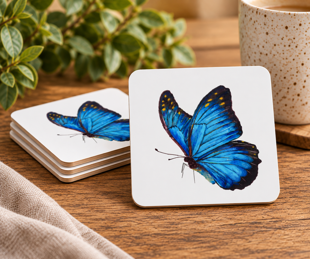 Illustrative Blue Butterfly coaster set mockup showing thin light wood edges