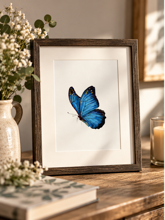 Illustrative mockup: framed Blue Butterfly print on a rustic table