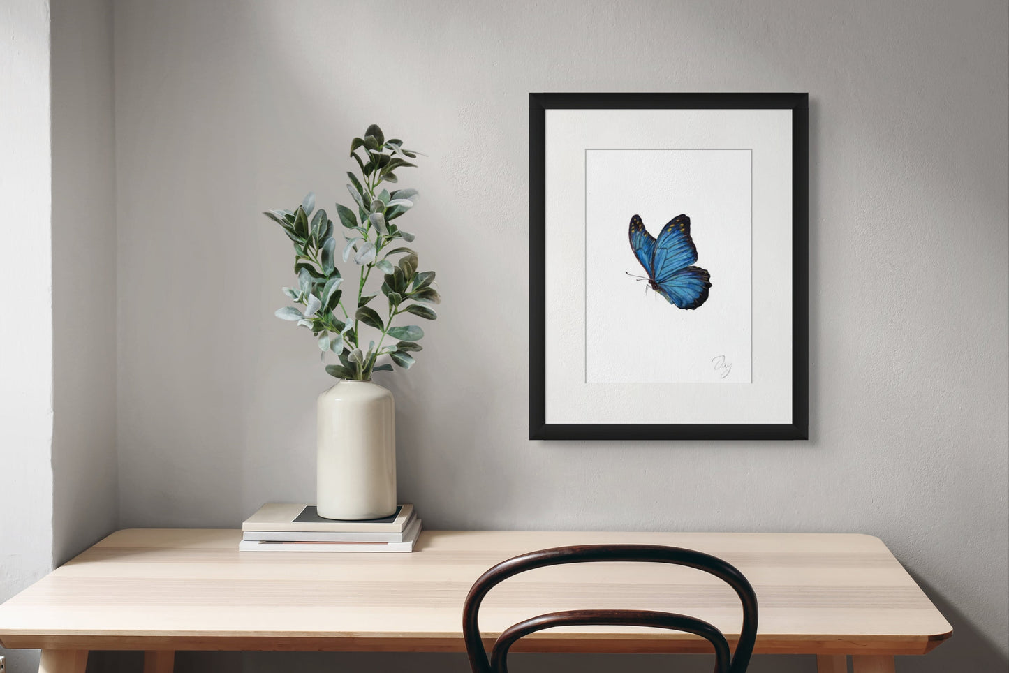Blue Butterfly Framed with Mat Artwork Print – Wildlife Wall Art (A4/A3)