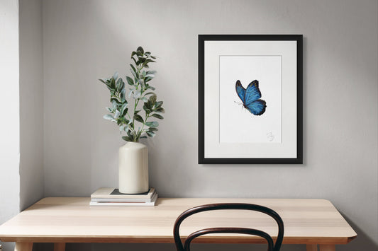 Blue Butterfly Framed with Mat Artwork Print – Wildlife Wall Art (A4/A3)