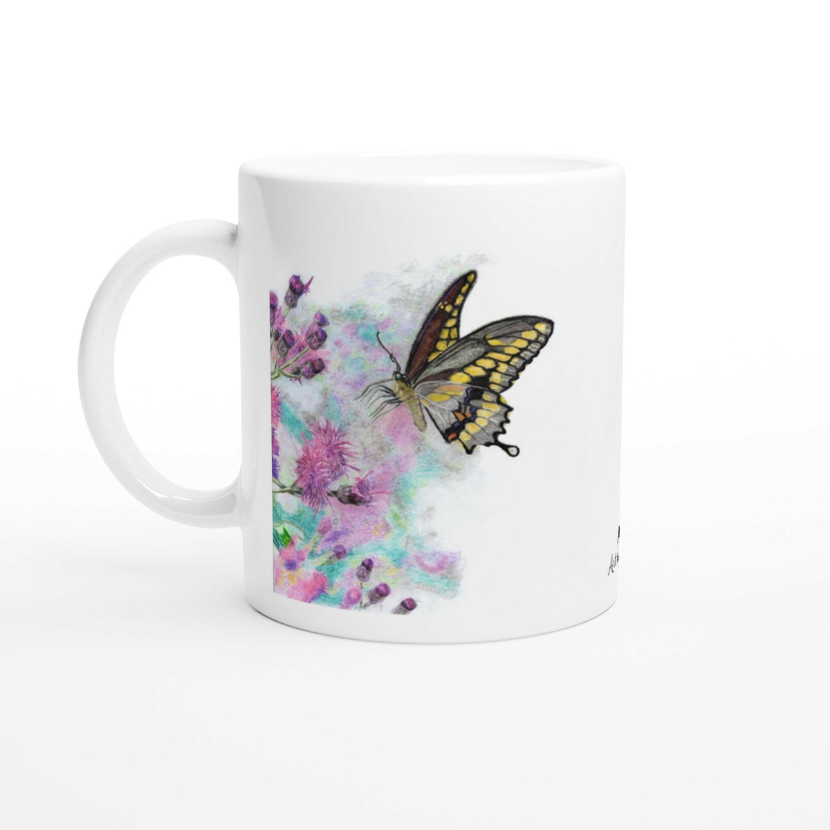 Yellow butterfly mug featuring coloured-pencil wildlife artwork