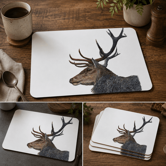 Placemat with deer design on a wooden table with a cup of coffee and spoon.