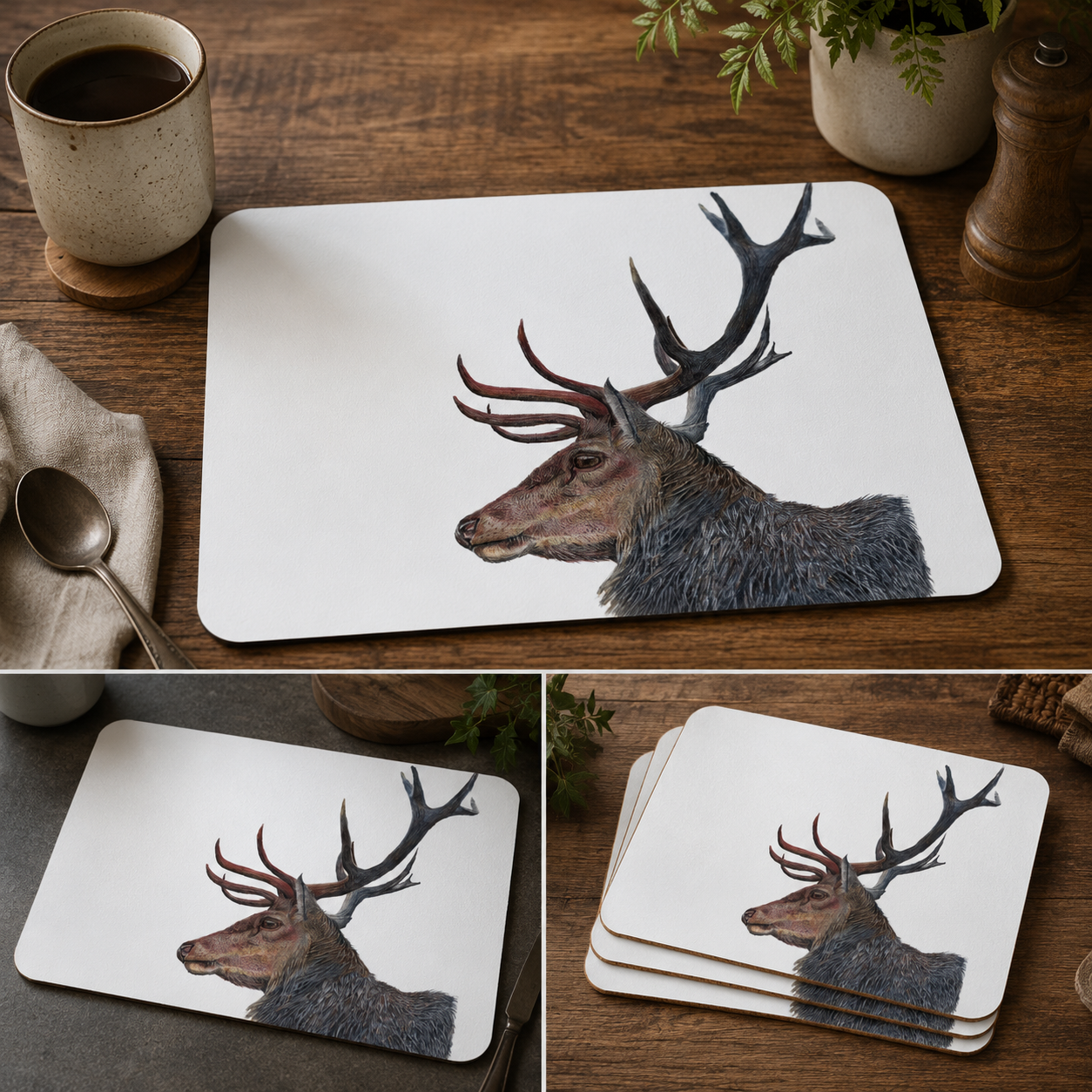 Placemat with deer design on a wooden table with a cup of coffee and spoon.