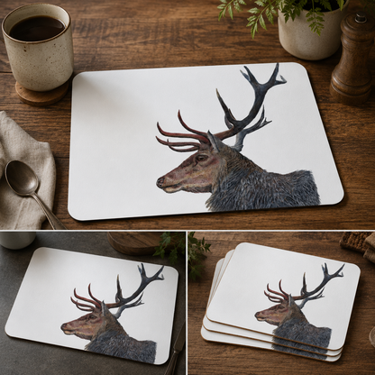 Placemat with deer design on a wooden table with a cup of coffee and spoon.
