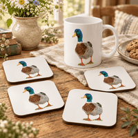 Everything is Quack duck mug and four matching coasters styled in a cosy countryside home