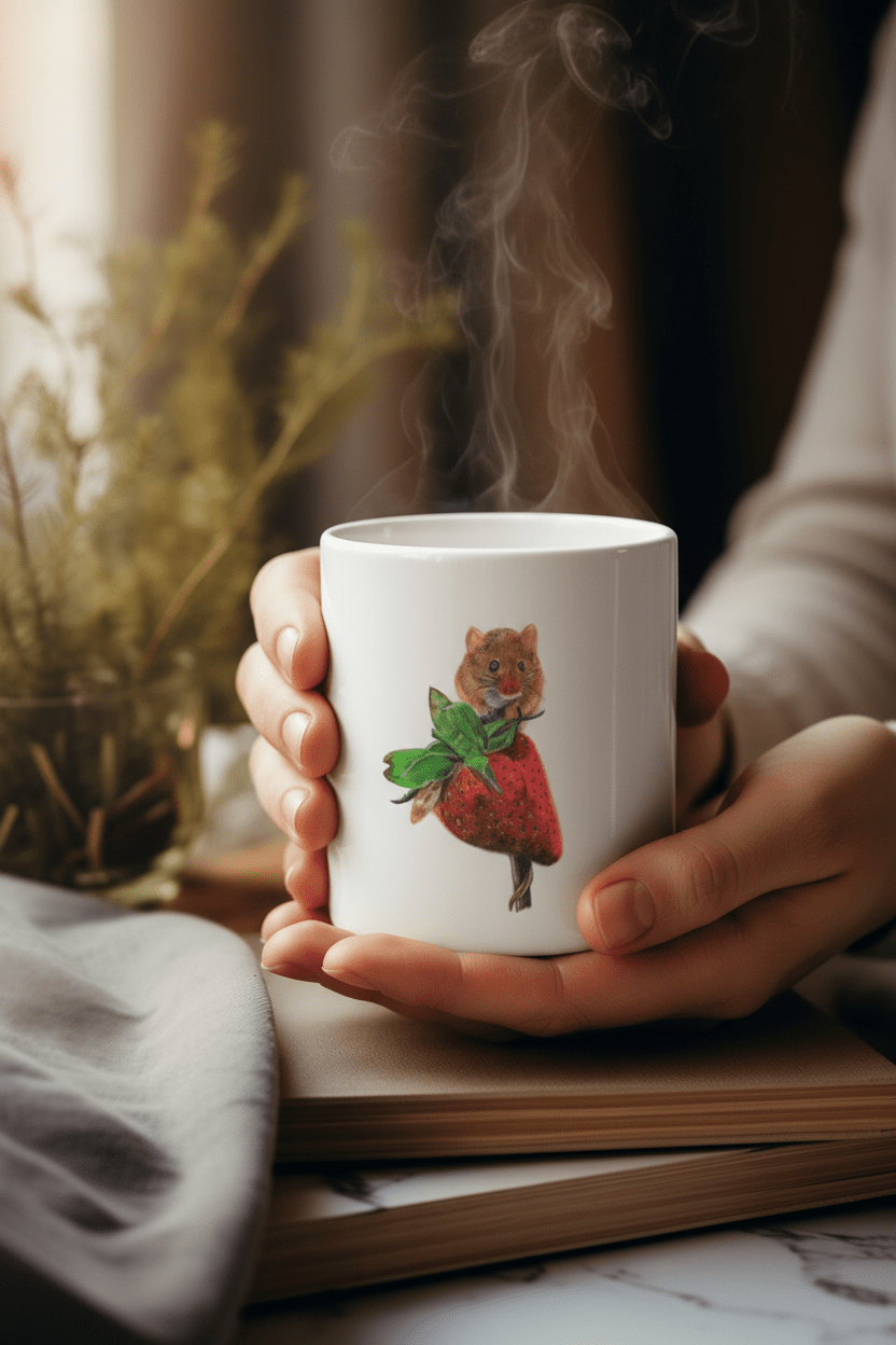 Hands holding harvest mouse mug