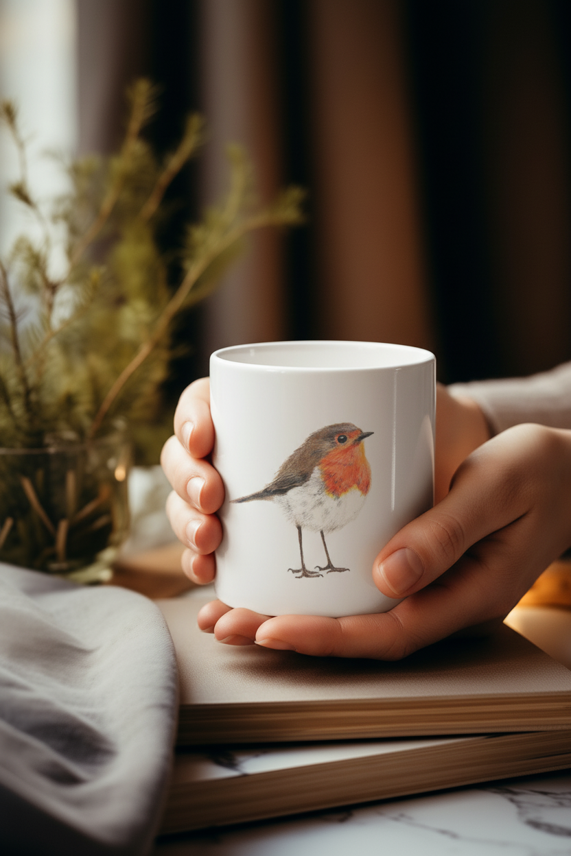Hands holding robin mug