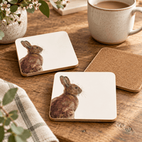 Hare coasters showing the wildlife artwork and natural backing detail