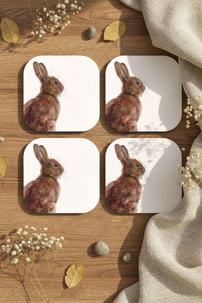 Hare Coasters Flat Lay with Original Artwork