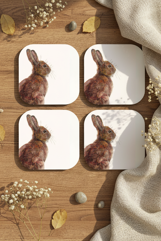 Hare Coasters Flat Lay with Original Artwork