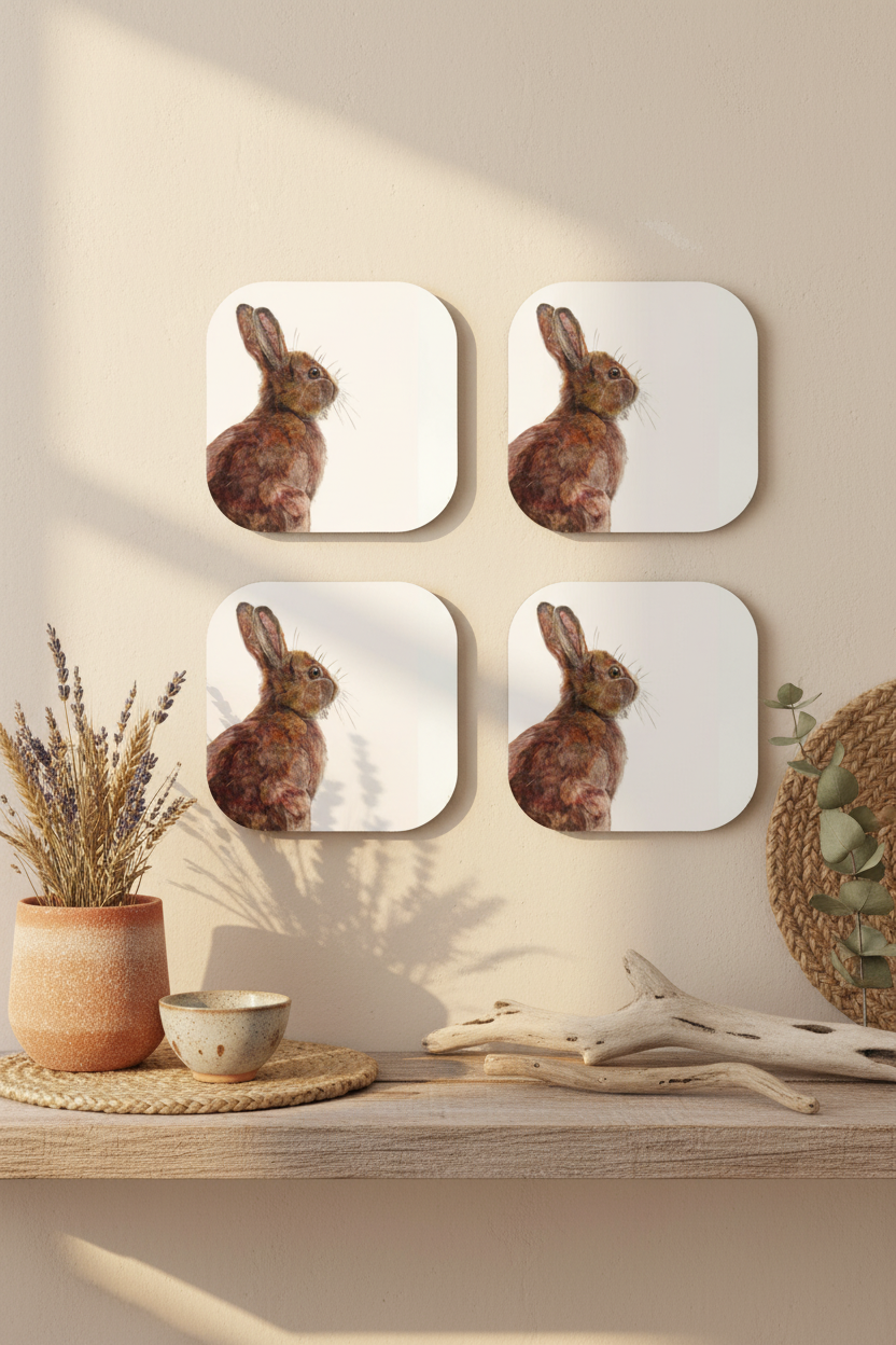Hare Coasters Shelf Display with Original Artwork