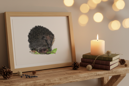 Hedgehog art on rustic shelf