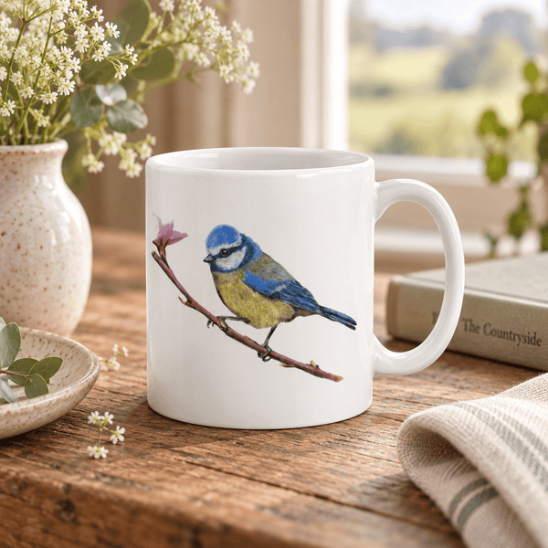 Little Blue Blue Tit mug styled in a warm countryside home