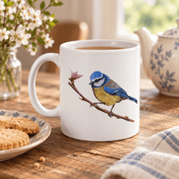 Little Blue Blue Tit mug in a cosy tea-time setting