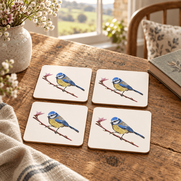 Little Blue Blue Tit coaster set styled in a warm countryside home